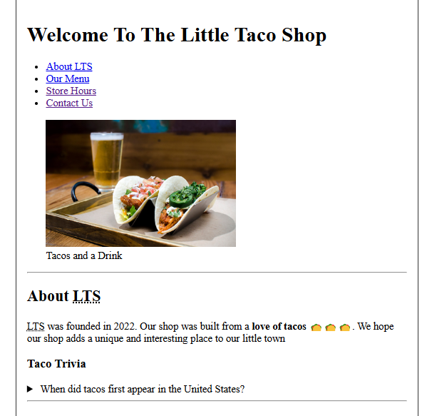 Screenshot of the Little Taco Shop home page